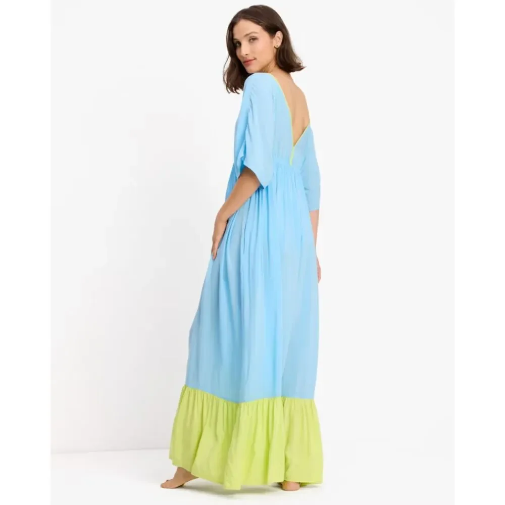 Kate Spade New York Midi Cover Up Tiered Dress Color Block Blue Green XL